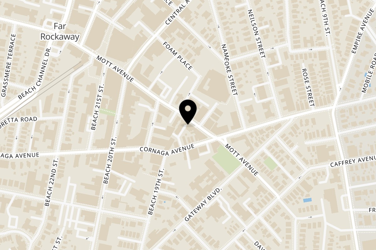Map showing the location of Tacos Y Mas on 18-31 Mott Ave in Far Rockaway